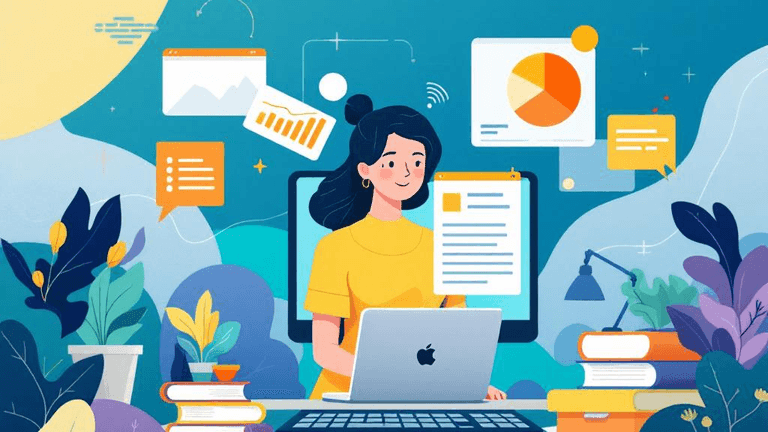 A professional blog header illustration for an article about AI Tools for Professionals.Context: Sarah Chen runs a solo ...